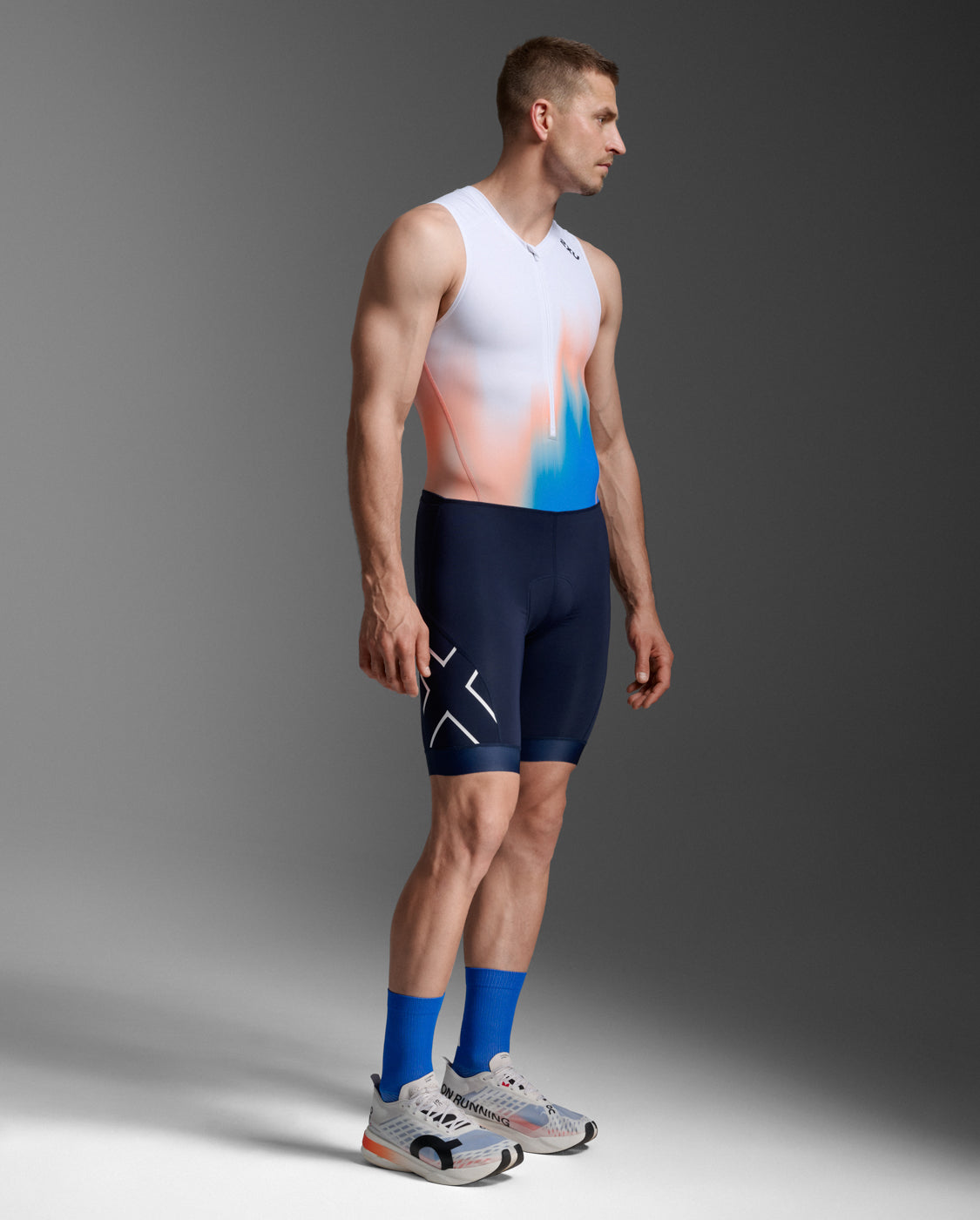 Core Trisuit Men's Core Functional Aerodynamic Sleeveless Triathlon Bodysuit | Nebula Orange / Midnight Blue