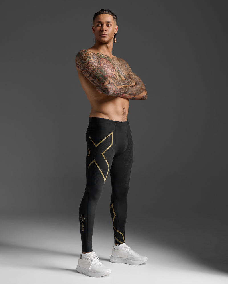 Light Speed ​​Compression Tights Men's Full-Length Cell Phone Pocket Lightweight Mercedes-Benz MCS Compression Pants | Black/Gold