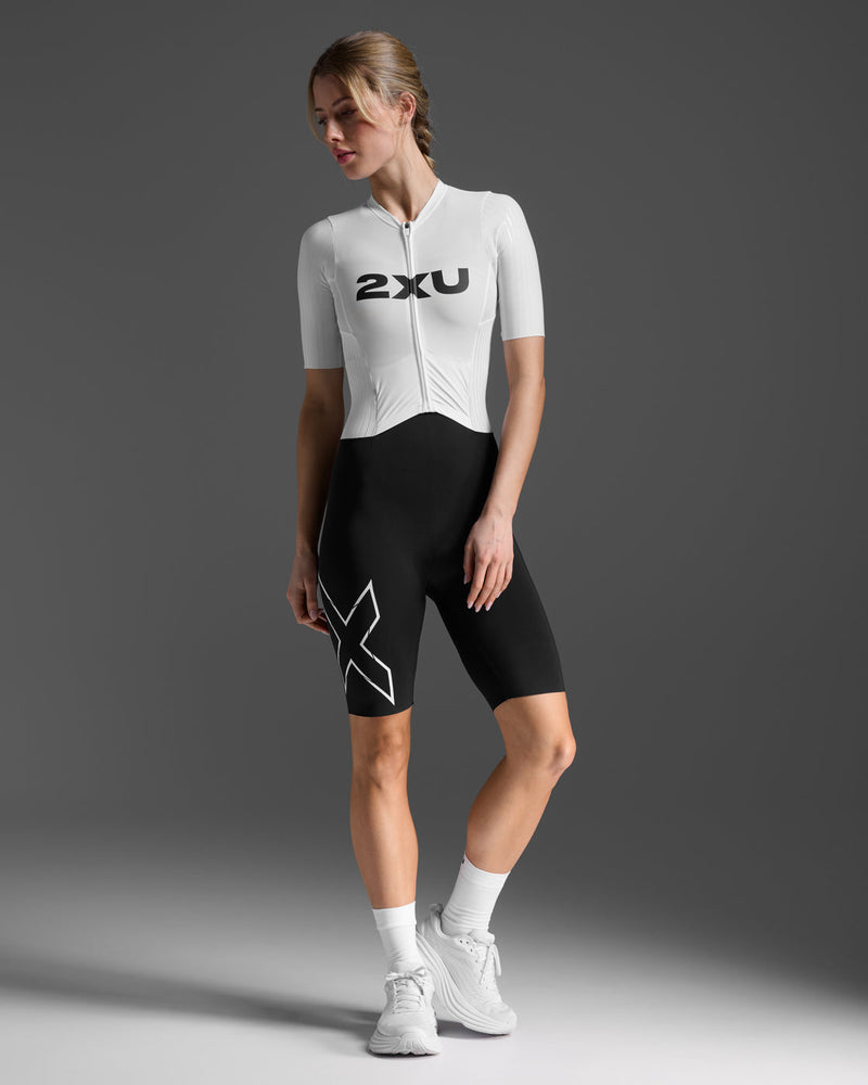 Light Speed ​​React Sleeved Trisuit for Women, Advanced Speed ​​Runners, Sleeved Triathlon Suit | White/Black